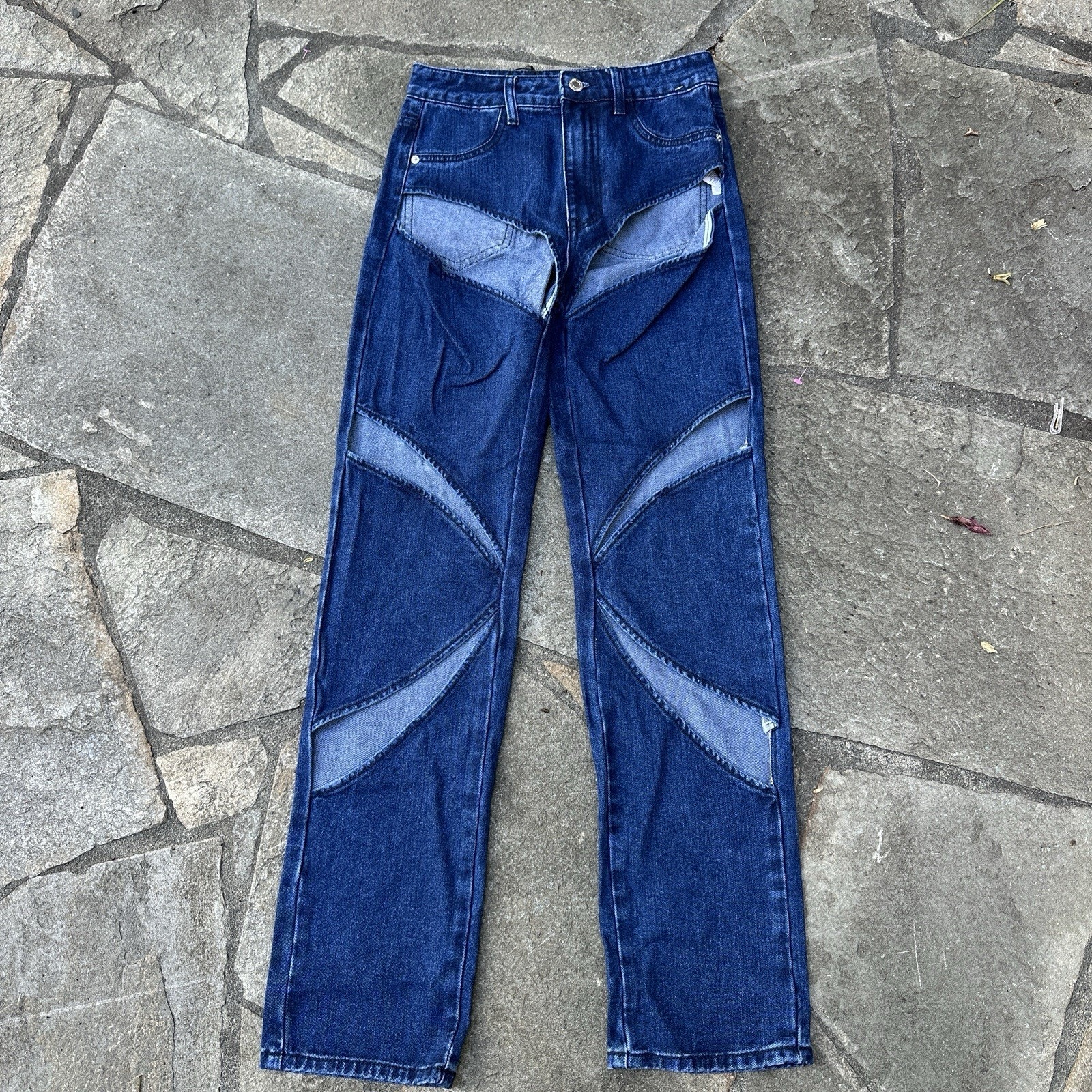 Pretty Little Thing Jeans Womens 2 Blue Straight Leg High Waist Cutout Festival